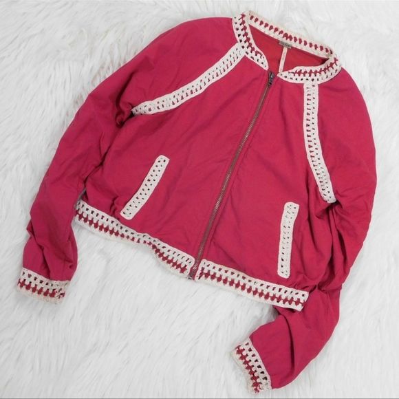 Free People Crochet Inset Baseball Bomber Jacket XS - Picture 3 of 9